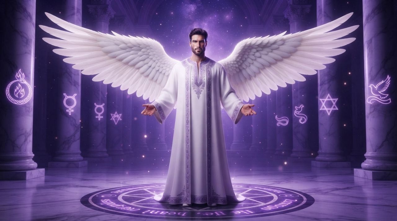 Representación del Arcángel Zadquiel con luz violeta de transmutación