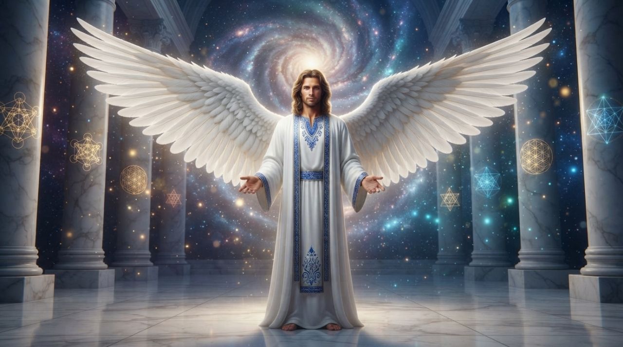 Representación del Arcángel Miguel con armadura azul y espada de luz