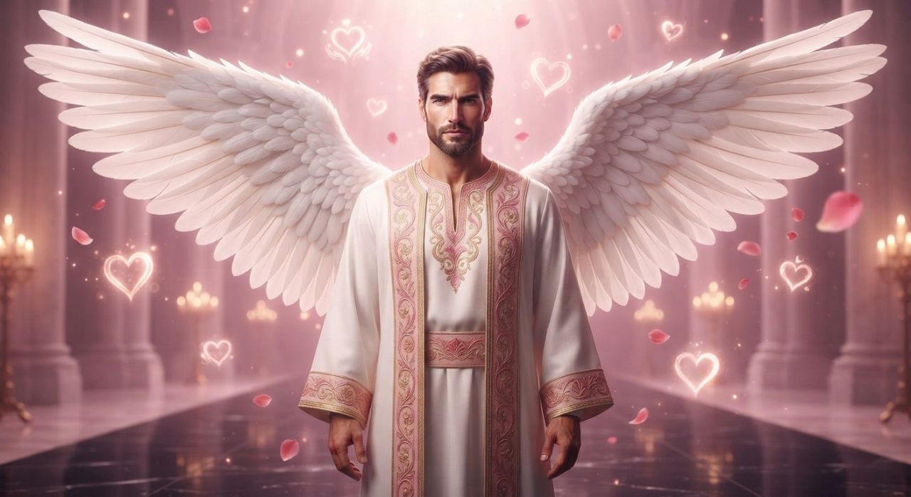 Representación del Arcángel Chamuel con energía rosa de amor divino