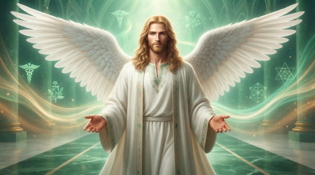 Representación del Arcángel Rafael con luz verde de sanación